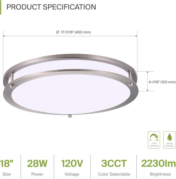 ASD LED 18 Inch Round Flush Mount Light Fixture | 28W 2250LM 3000K-5000K 120V | 3CCT, Dimmable, Energy Star, ETL Listed | Close to Ceiling Double Ring Lamp, Low Profile Lighting | Nickel - Image 2