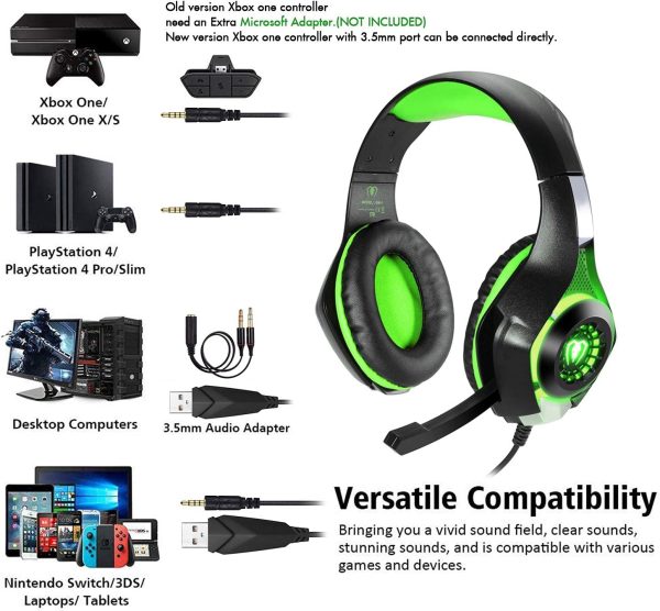 Stereo Gaming Headset for PlayStation 4 PS4 PS5, Over-Ear Headphones with Mic and LED Lights for Xbox One, PC, Laptop(Green) - Image 3