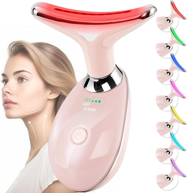 Facial Massager for Face and Neck, Red-Light-Therapy-for-Face and Neck, Face culpting Wand with 7 Color, at-Home Face Tool for Skin Care (Pink)