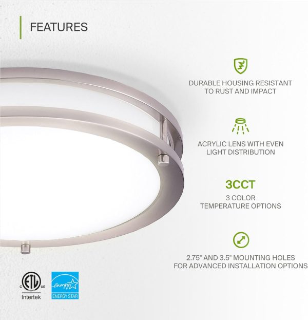 ASD LED 18 Inch Round Flush Mount Light Fixture | 28W 2250LM 3000K-5000K 120V | 3CCT, Dimmable, Energy Star, ETL Listed | Close to Ceiling Double Ring Lamp, Low Profile Lighting | Nickel - Image 3